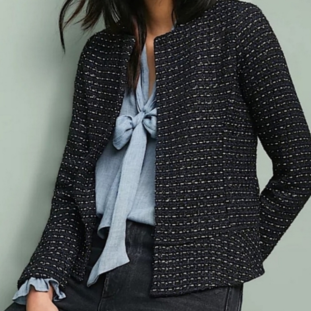 Anthropologie Navy Tweed Open-Front Blazer